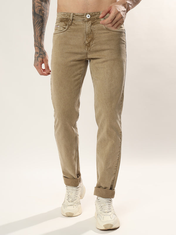 Classic Khakhi 5 Pocket Mid Rise Denim Comfort Fit Strechable Fabric