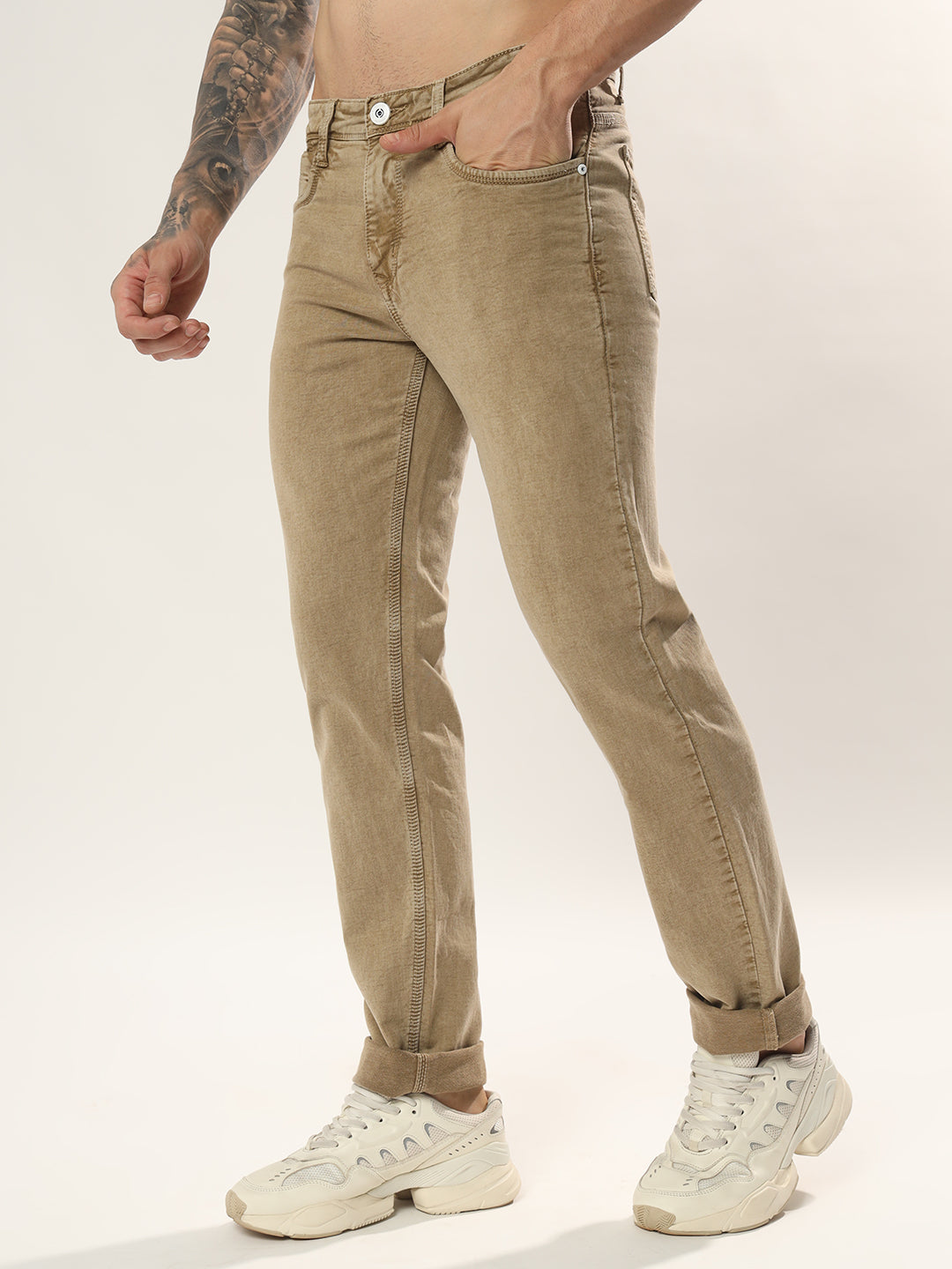 Classic Khakhi 5 Pocket Mid Rise Denim Comfort Fit Strechable Fabric