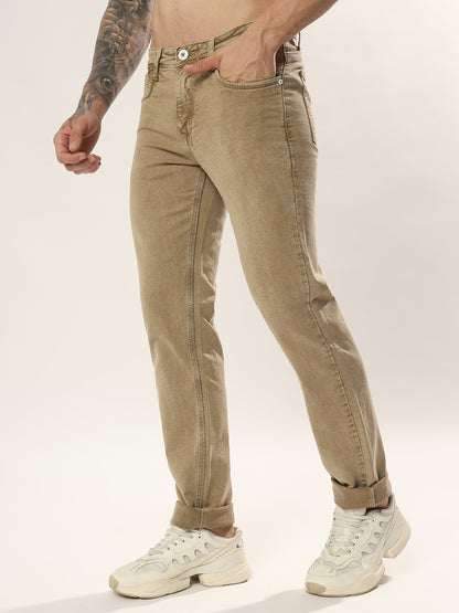 Classic Khakhi 5 Pocket Mid Rise Denim Comfort Fit Strechable Fabric