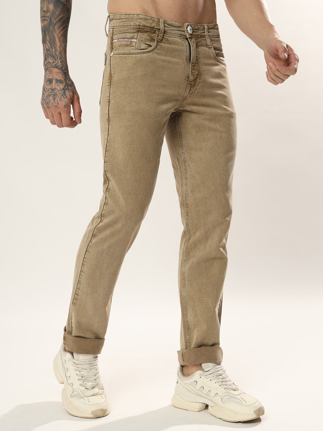 Classic Khakhi 5 Pocket Mid Rise Denim Comfort Fit Strechable Fabric