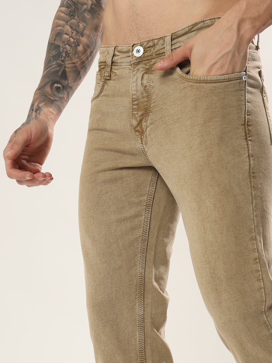 Classic Khakhi 5 Pocket Mid Rise Denim Comfort Fit Strechable Fabric